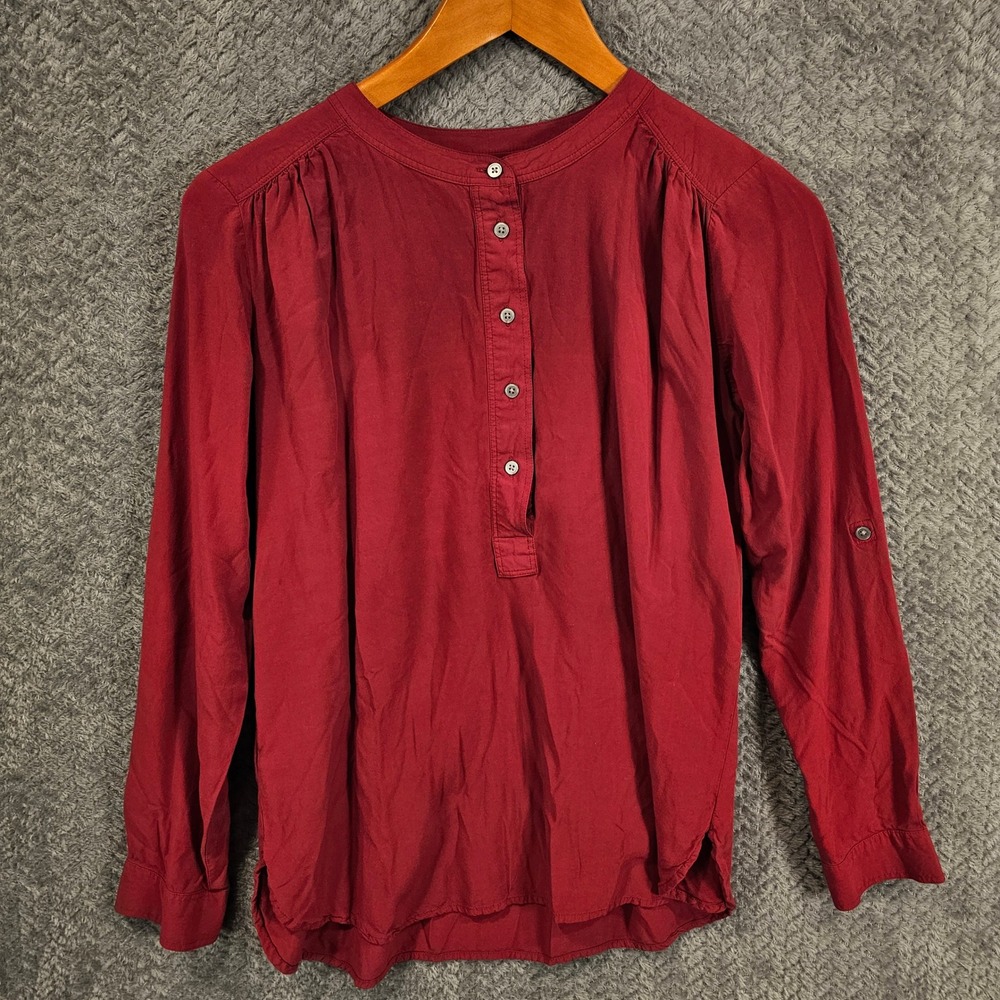 LOFT Ann Taylor Womens XS‎ Red Rayon Roll Tab Sleeve Henley Blouse Top